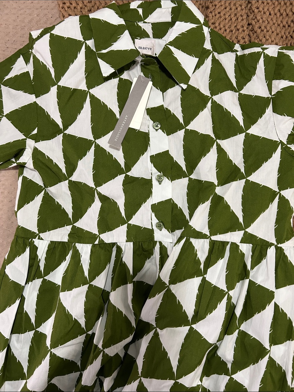 NWT Maeve Olive Green and White Geometric Shirt Dress